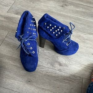 Streetwear Society Royal Blue Suede Studded Lace-Up Heeled Booties